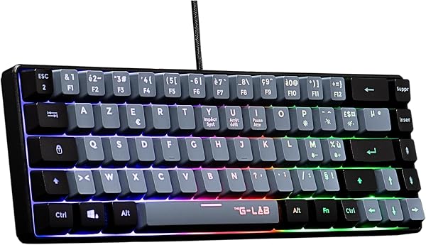Vue rapprochée du clavier gamer 60% The G-Lab Keyz Hydrogen, mettant en avant ses touches compactes et son éclairage RGB.