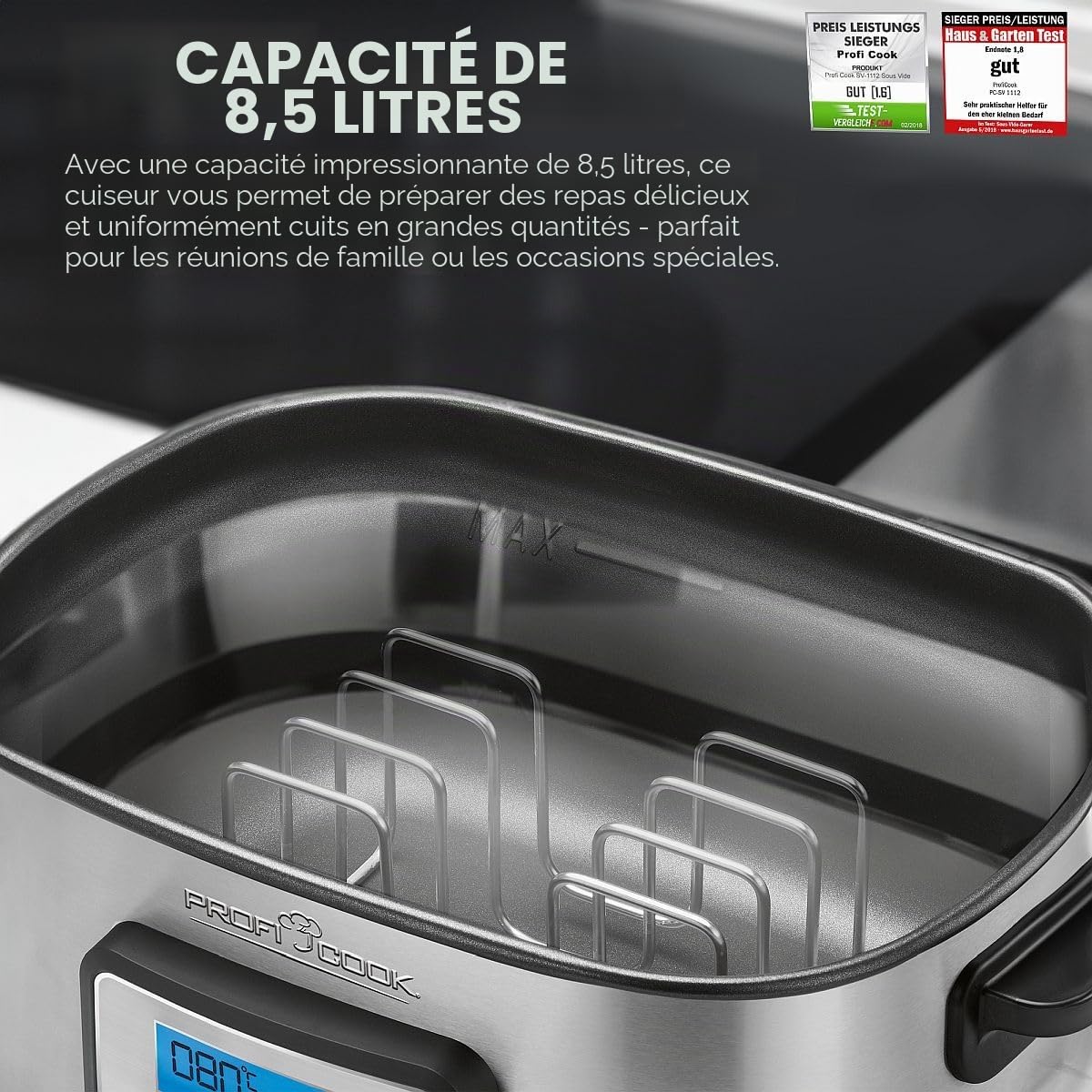 ProfiCook Cuiseur sous vide avec capacité de 8,5L | pour une cuisson précise | Cuve avec minuterie de 72 heures | Fonctions cuisson douce, yaourtière & maintien au chaud | PC-SV 1112
