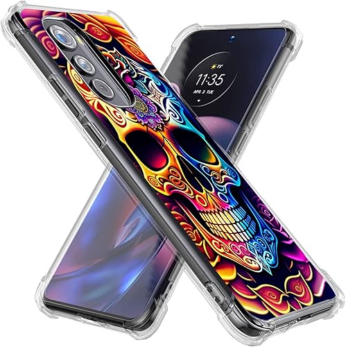 Miniatura 2 de Funda para Motorola Edge 2022, colorida funda protectora de TPU de cuerpo completo resistente a los arañazos con diseño de flores de calavera,