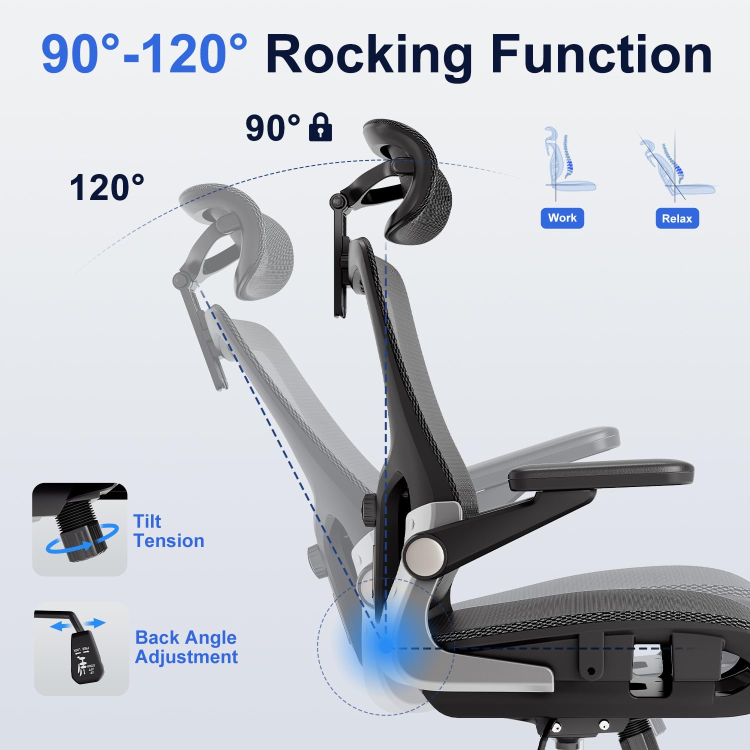 Ergonomic Office Chair，Mesh Seat Cushion with 3D Armrests and 3D Headrest, Adjustable Lumbar Support with Rocking Function, SGS Class 4 Gas Clylinder，Black