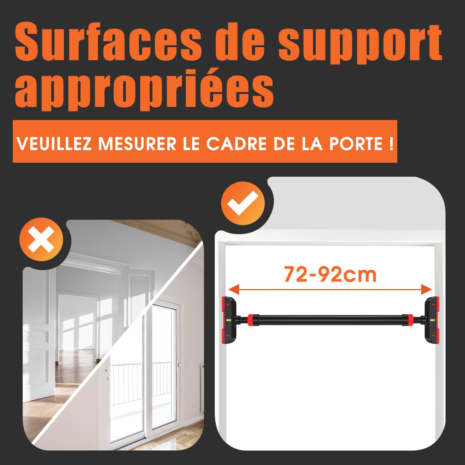 DH FitLife Barre de Traction pour Cadre de Porte sans Vis | Pull up bar Doorway à Domicile | Barre de Porte pour l'entraînement Musculaire | Barre de Tractions Porte 72-92cm | Avec Niveau à Bulle