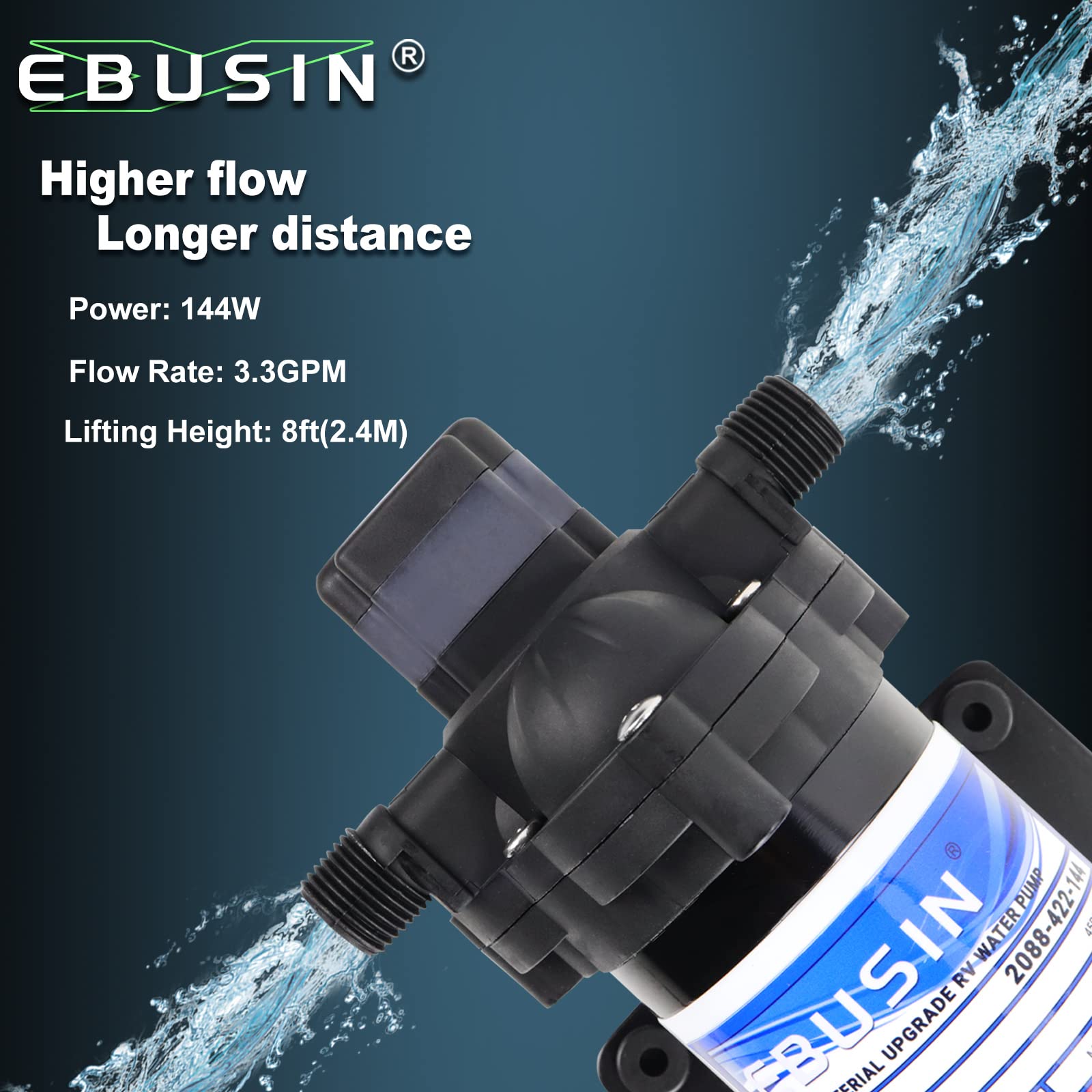 2088-422-144 RV Pump,12V 3.3GPM Diaphragm Water Pump, 45Psi 1/2MNPT Connection, Great for RV or Any Other Water Delivery Purpose