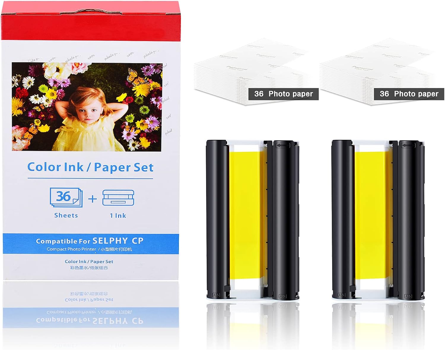 GREENCYCLE Compatible KP-36IN Ink Paper Set 2 Color Ink Cassettes and 72 Sheets 4 x 6 Paper Glossy for SELPHY CP1300 CP1200 CP1500 Wireless Compact Photo Printer-2 Pack