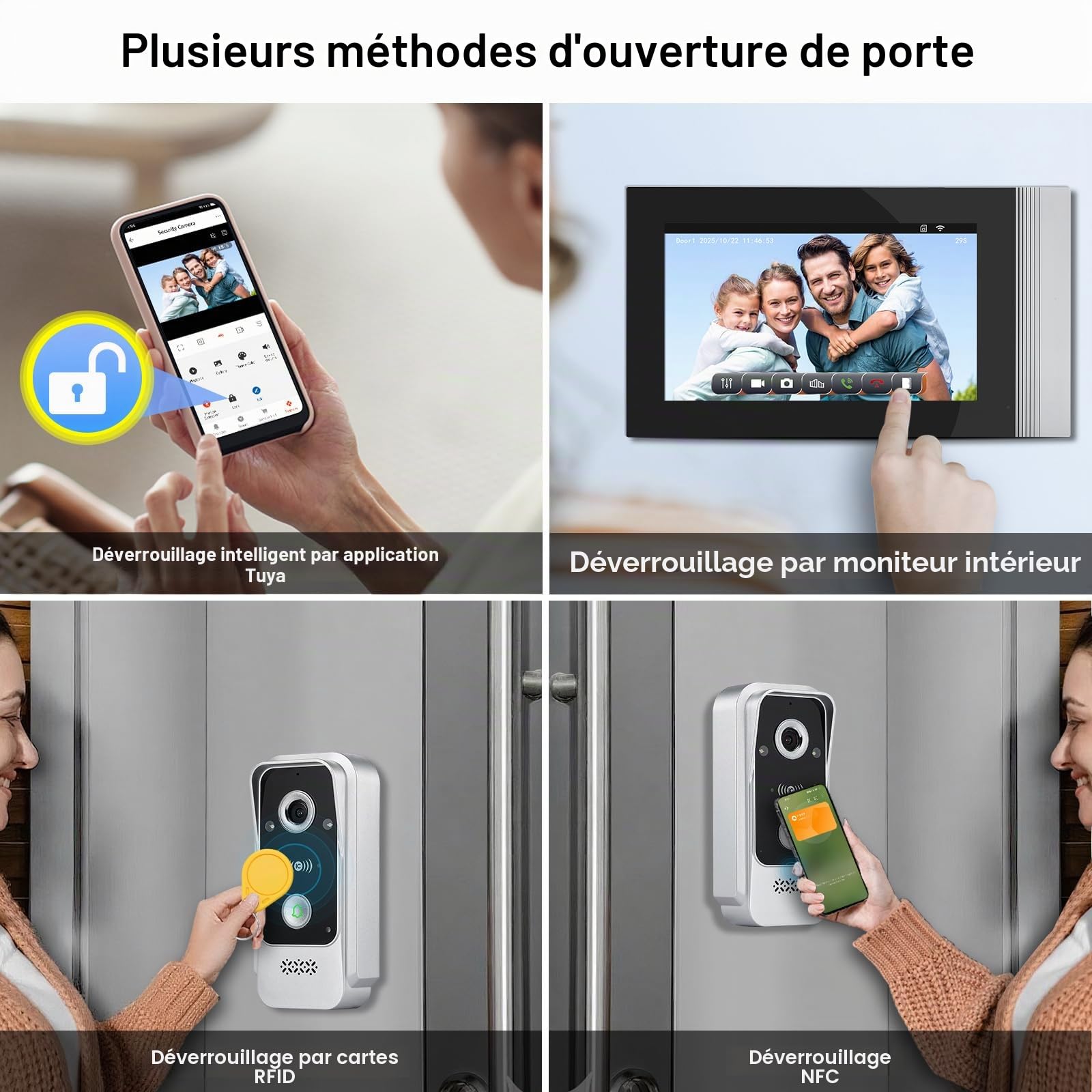 Système Interphone de Sonnerie Vidéo WiFi à 2 Fils, Caméra Vidéo HD 1080P avec Moniteur écran Tactile de 7 Pouces pour la Maison, Vision Nocturne IR, Carte RFID/Tuya APP Déverrouillage