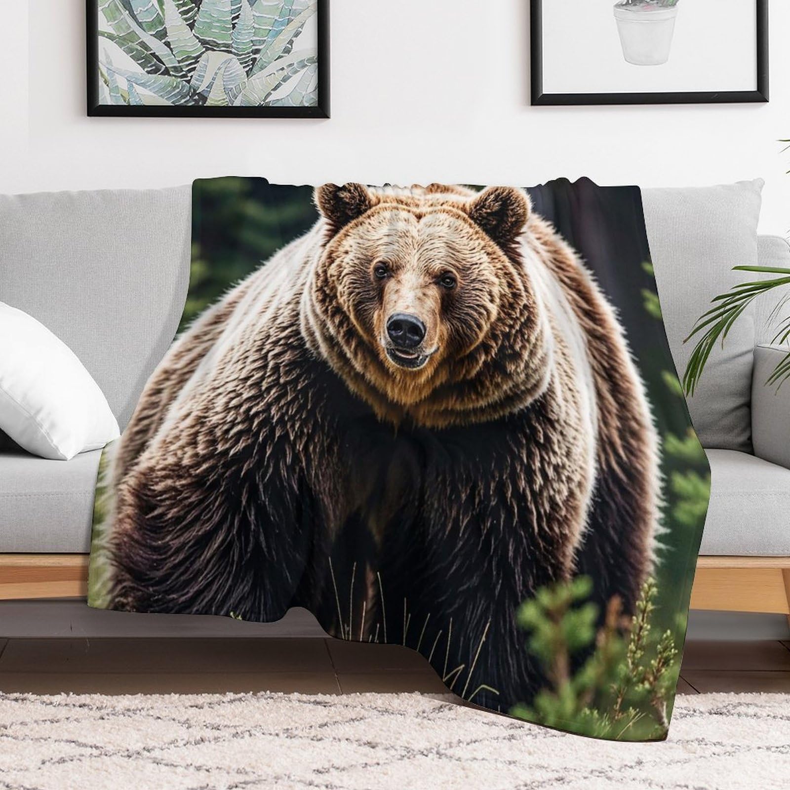 Couverture micro polaire premium : plaid ultra doux imprimé ours bruns et grizzlis