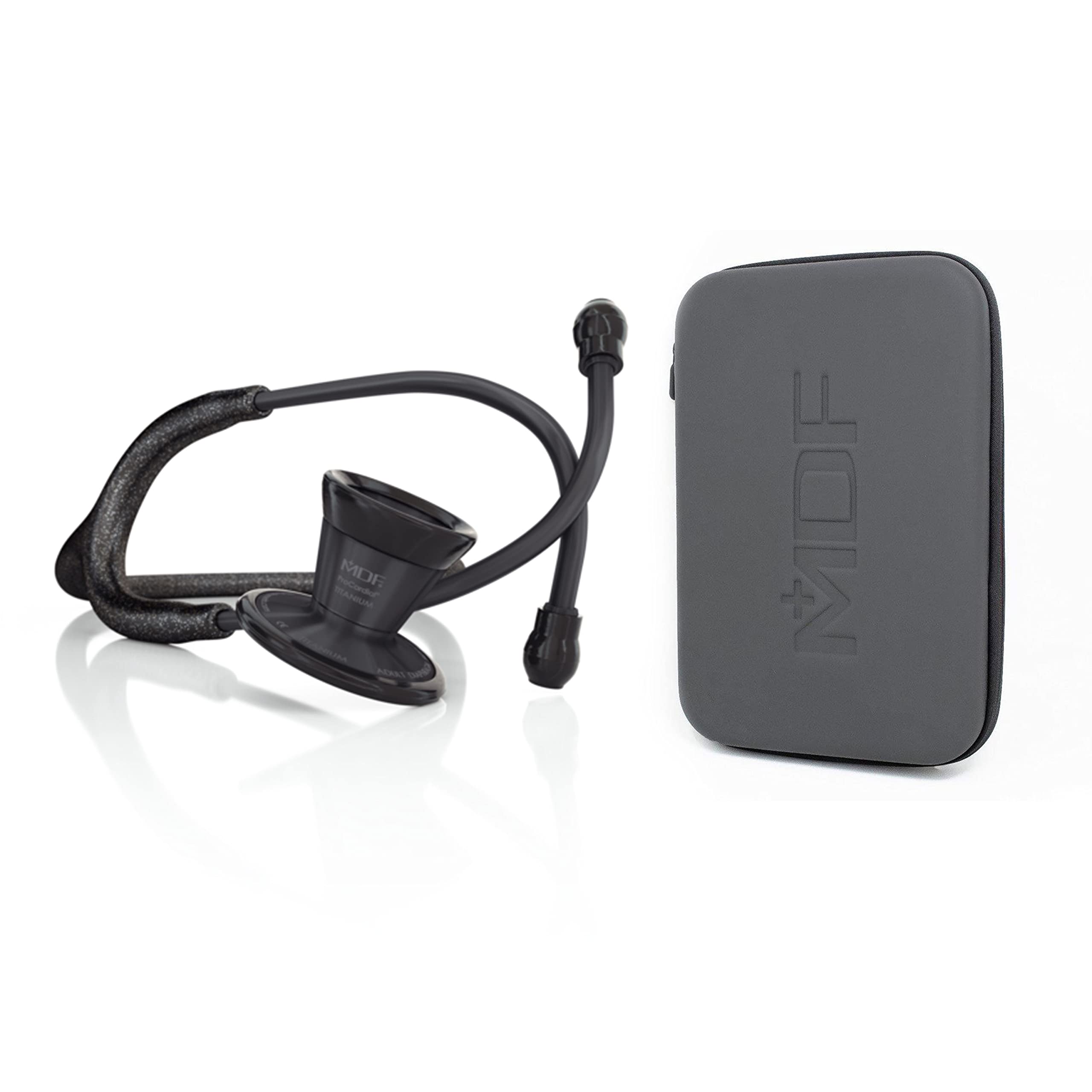 MDF Black Glitter/BlackOut ProCardial Cardiology Stethoscope, Lightweight Titanium, MDF797TGLBO + MDF Stethoscope Hard Travel Carrying Case with Mesh Pocket, Medium Size (MDFSCM12)