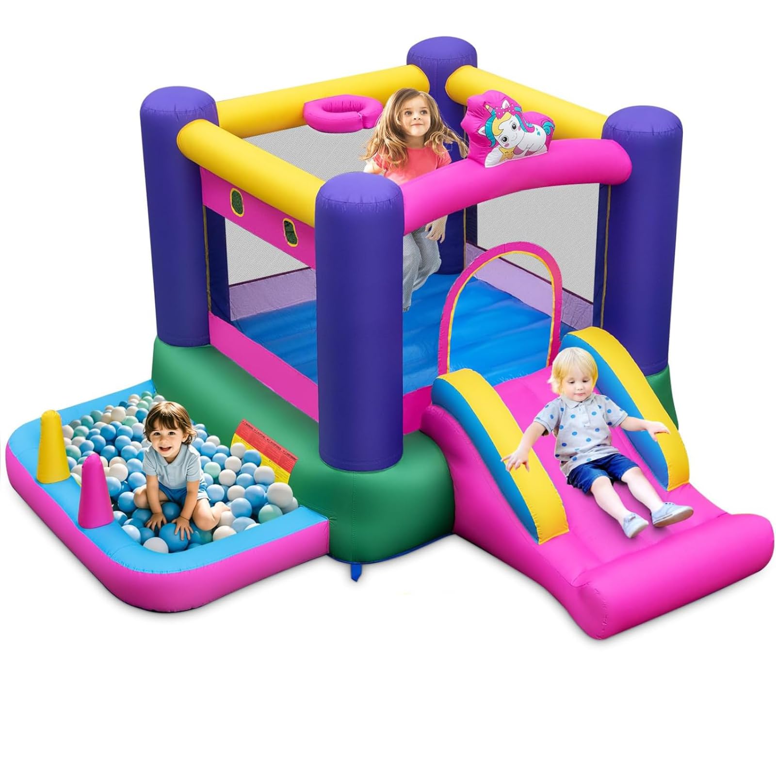 Maxmass Inflatable Bouncy House, Kids Bounce Castle with Slide, Ball Pit, Jumping House, Basketball Hoop, Inflatable Trampoline Blowup Castle for Indoor Outdoor (Unicorn Theme without 480W Blower)