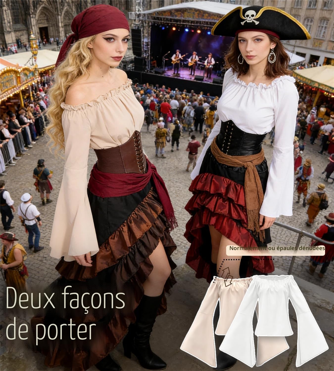 Lot de 3 costumes de pirate médiévale pour femme - Avec corset de pirate - Haut et jupe - Costume de carnaval pour Halloween, carnaval, cosplay