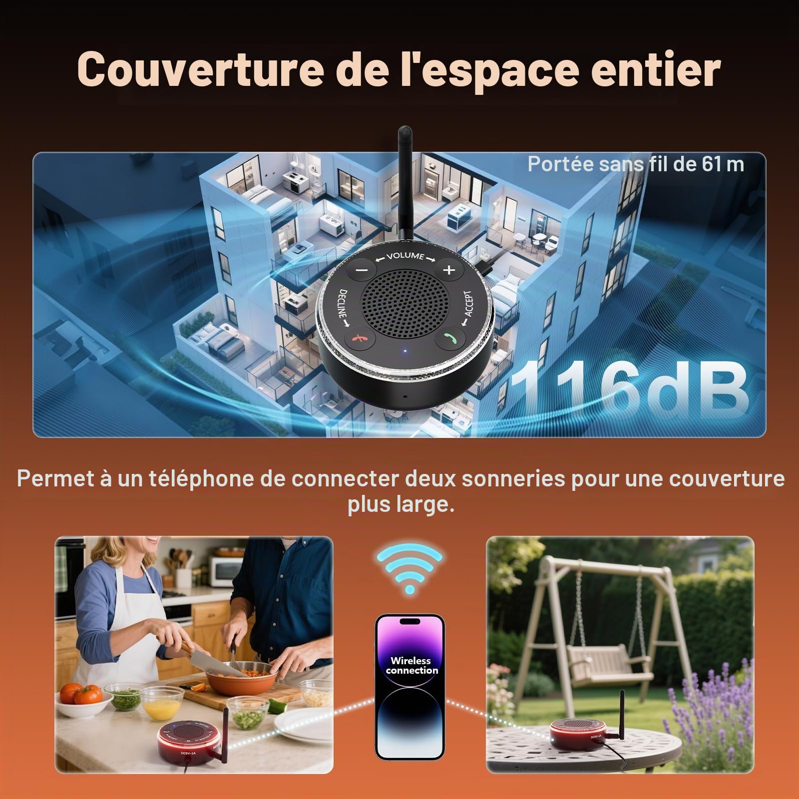 Amplificateur de sonnerie et clignotant pour téléphone portable – Flash rouge-bleu ultra fort et lumineux de 116 dB – Réponse/déclin en une touche, appariement sans fil pour malentendants/personnes