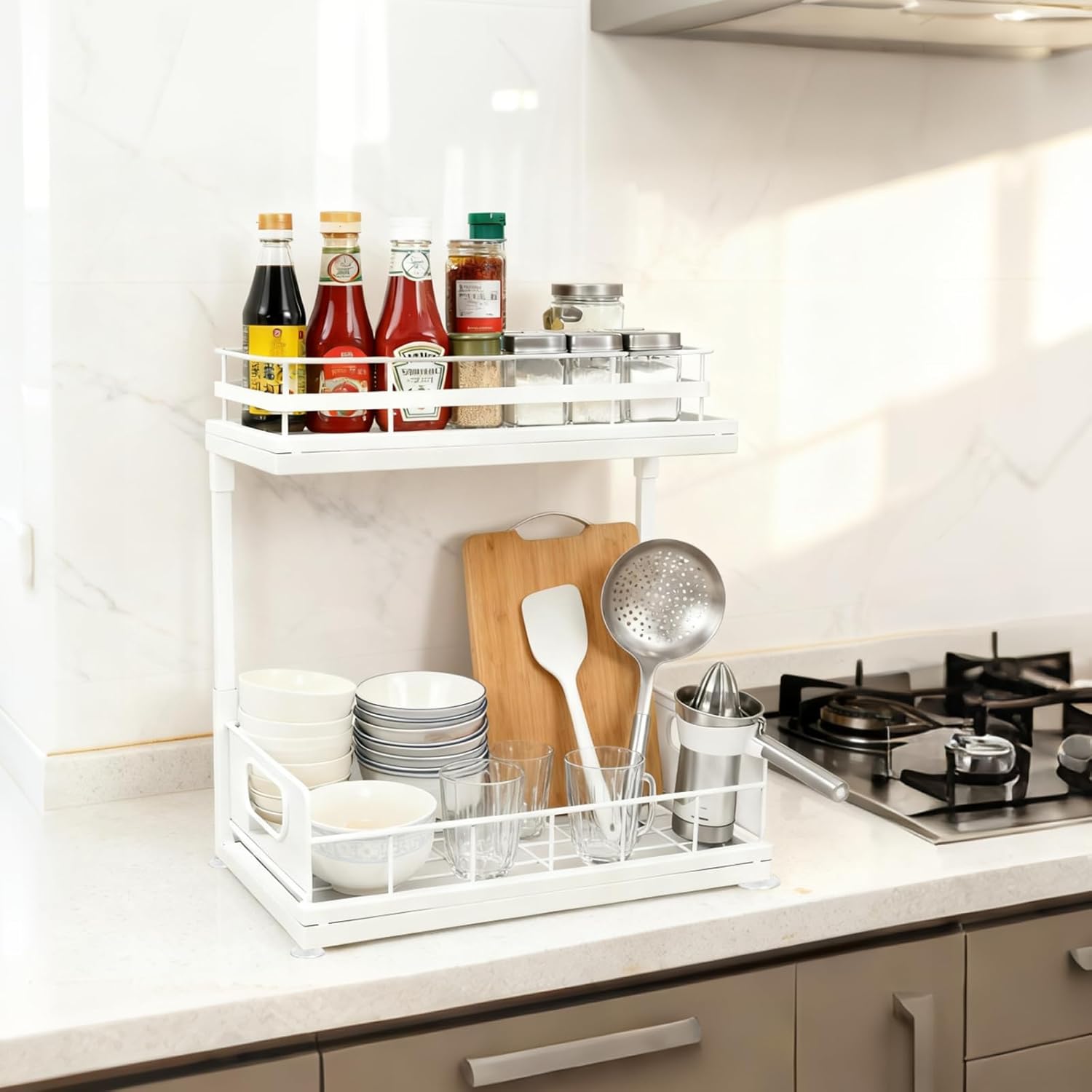 Ohmywor Under Sink Organizer, Pull Out Cabinet Organizer 2 Tier Sliding Drawers, Adjustable Height Multi-Purpose Storage Shelf, Metal Slide Out Drawer for Kitchen Bathroom Storage, White