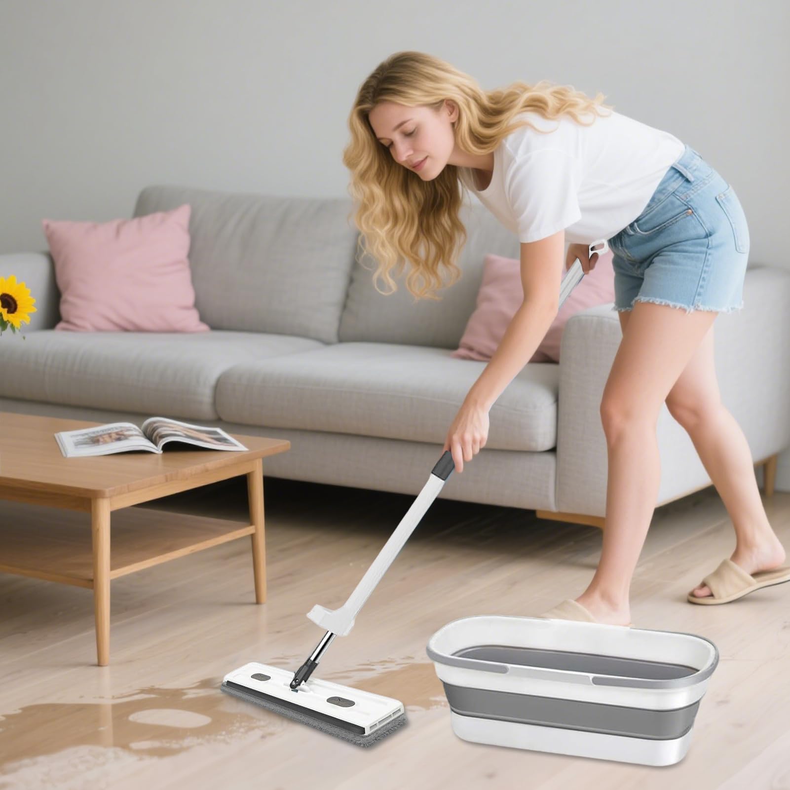 Mopa Plana Giratoria 360 Grados, En Seco O Húmedo, Mango Largo | Limpiador De Suelos Con Raspador Mopa Atrapapolvo de Microfibra con Mango Largo para Cocina, Baño, Hogar, Suelos y