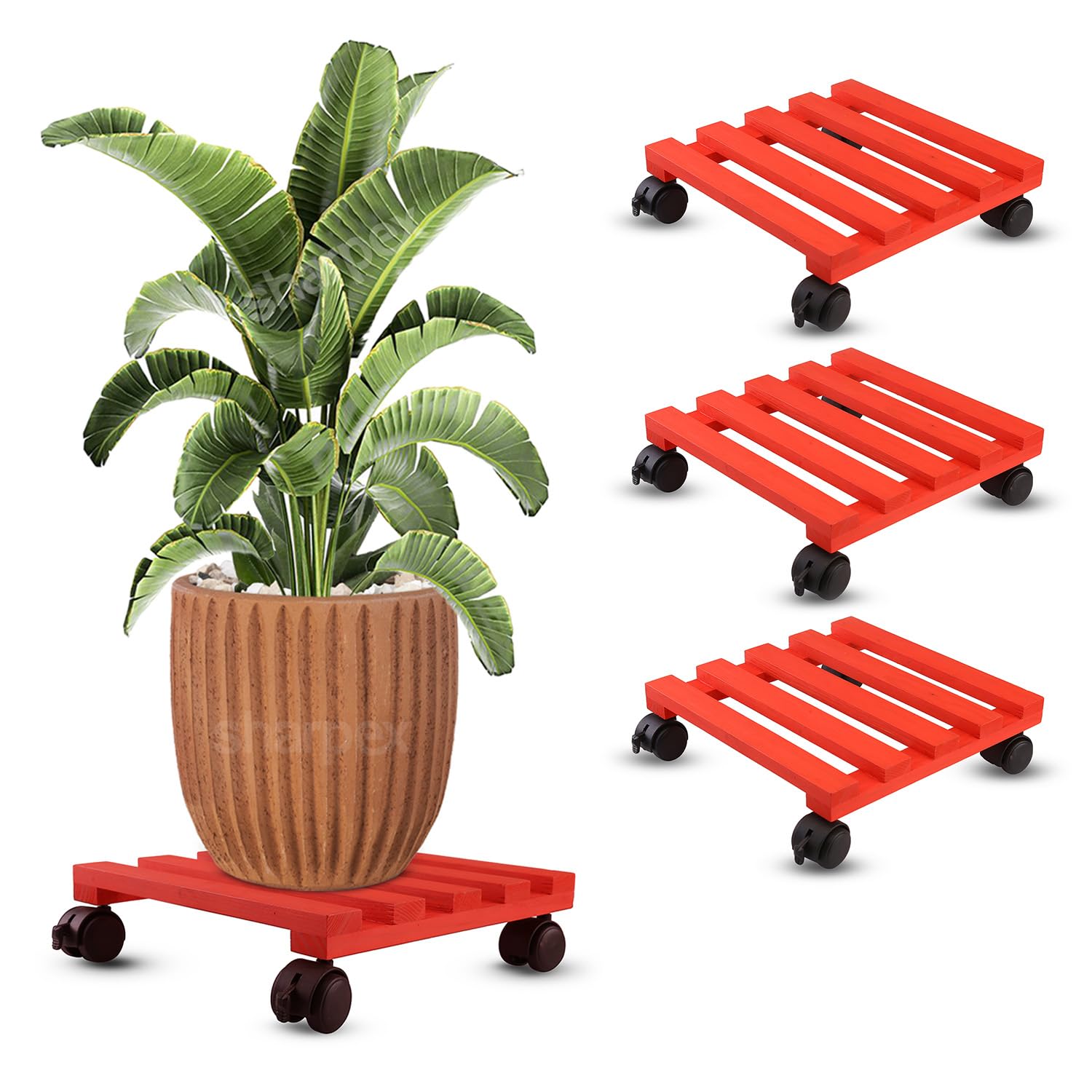 Sharpex Pack of 4 Wooden Trolley for Plants, Flower Pots Heavy Duty