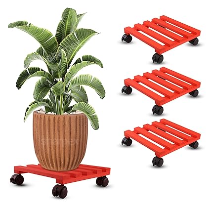 Sharpex Pack of 4 Wooden Trolley for Plants, Flower Pots | Heavy Duty Rolling Plant Stand with Locking Wheels | Squre Plant Roller Base for Indoor Patio Outdoor Potted Planter (Red)