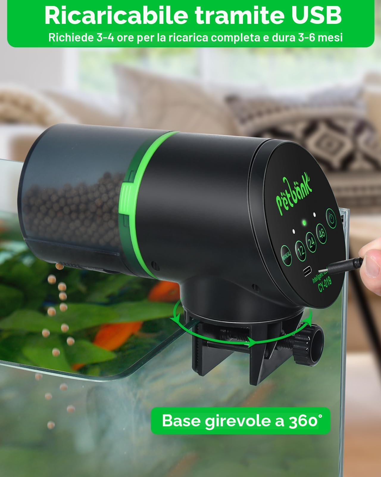 Mangiatoia Automatica Acquario - Mangiatoia Pesci Intervallo di alimentazione del pesce facile da impostare 12/24/48 ore con Cavo di USB Charger, Dispenser Cibo Pesci Automatico, Nero