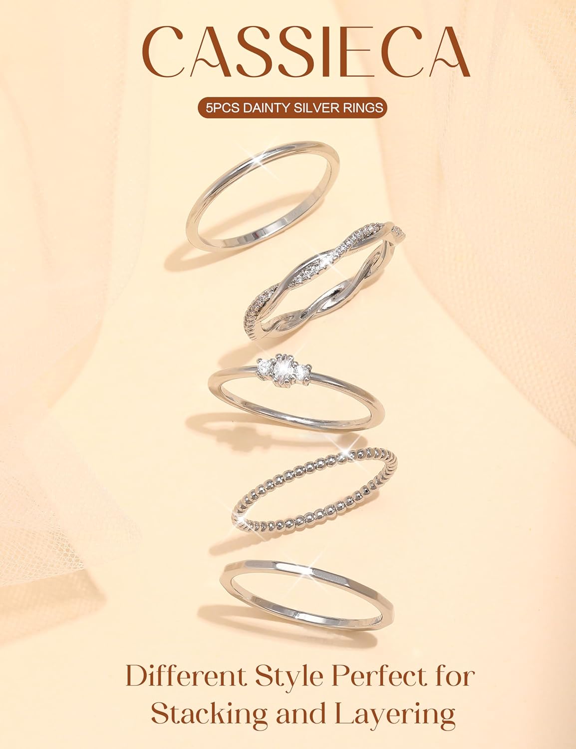 CASSIECA 14K Gold Plated Stackable Rings for Women Non Tarnish Cubic Zirconia Band Rings Set Dainty Trendy Statement Engagement Promise Stacking Ring Size 5-10 - Image 7