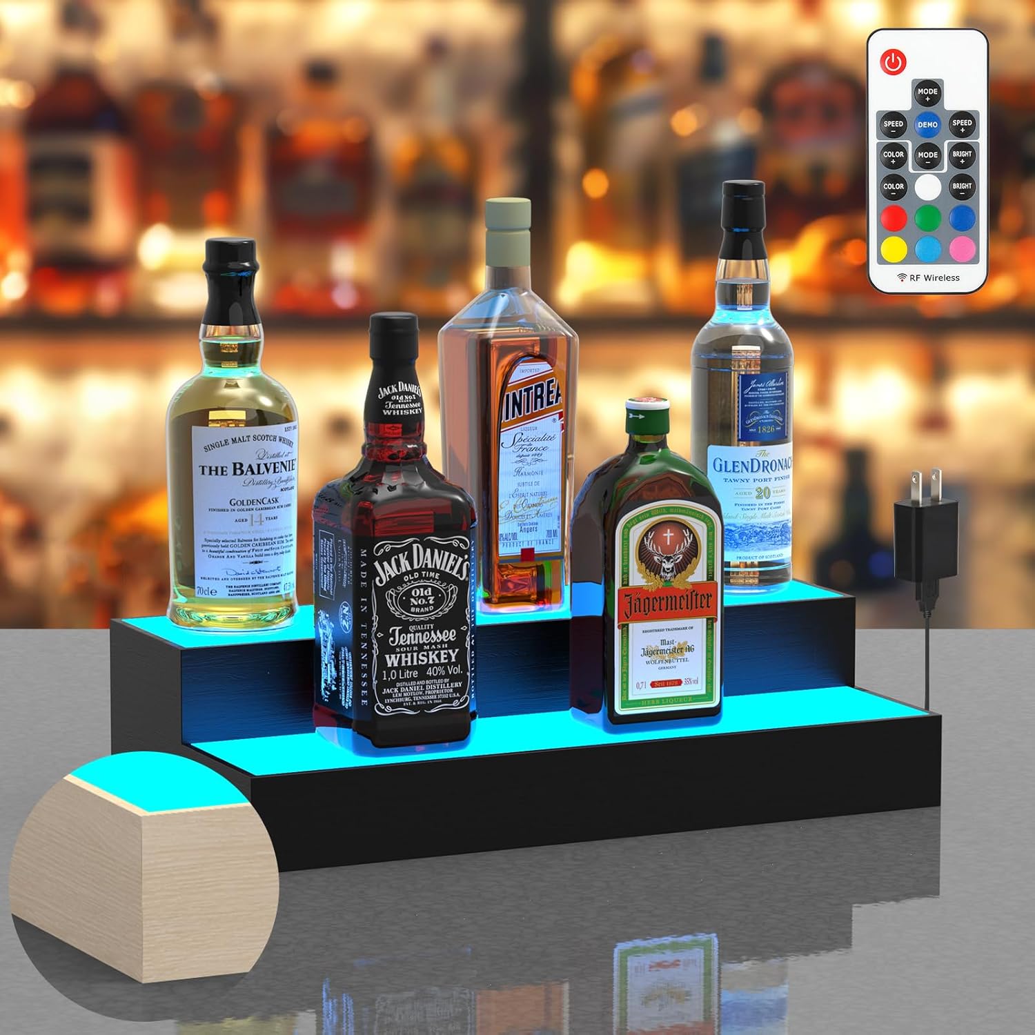 2 Pack 16 Inch LED Lighted Liquor Bottle Display Shelf, 3 Tier 32 Inch Alcohol Whiskey Wood Rack Stand Tray for Home Bar Living Room Accessories and Decor, Bourbon Shelf for 24 Bottles