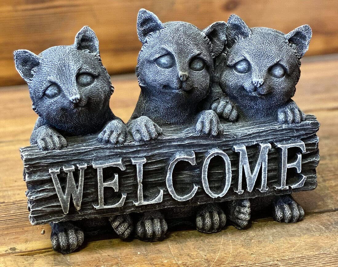 STONE GARDEN 3 CUTE KITTEN CAT WELCOME SIGN ORNAMENT