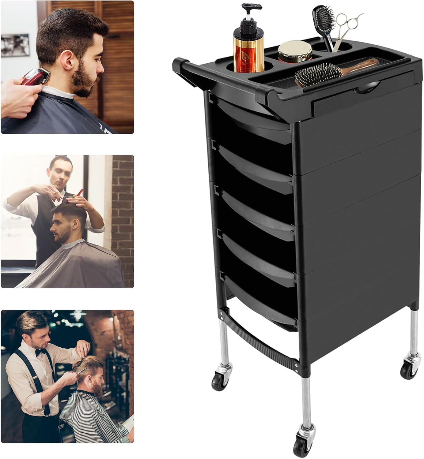 Salon Trolley, 5 Drawers and 2 Hair Dryer Holder Side Tray, Multi-Functional Trolley Carts w/Drawers, Space-Saving Rolling Cart Versatile Utility Cart for Stations