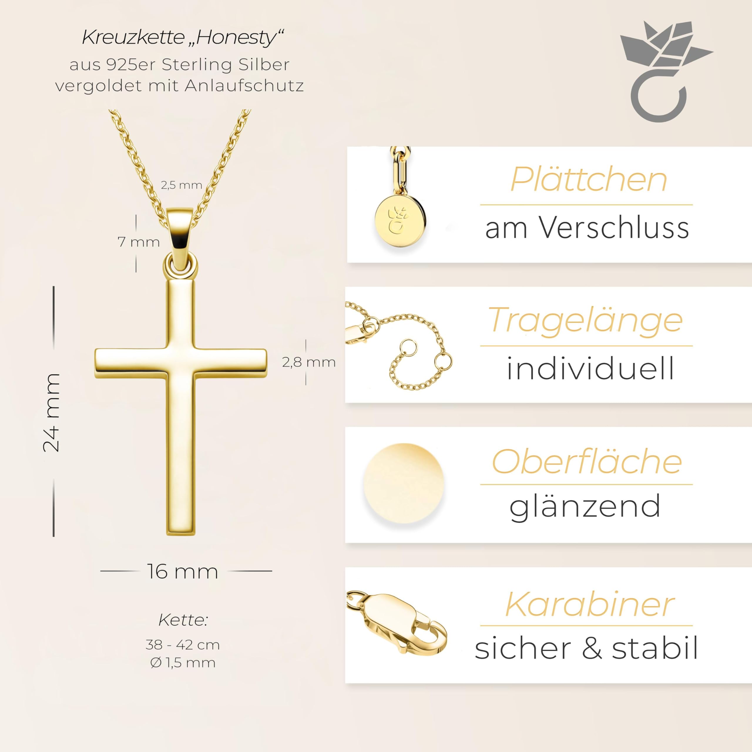 Krzyż łańcuszek złoty (srebro 925 wysokiej jakości pozłacane) + w zestawie luksusowe etui + złoty wisiorek prawdziwy srebrny łańcuszek krzyżyk żółte złoto bez kamienia, zawieszka w kształcie krzyża zawieszka komunia, bierzmowanie, łańcuszek na chrzest FF5