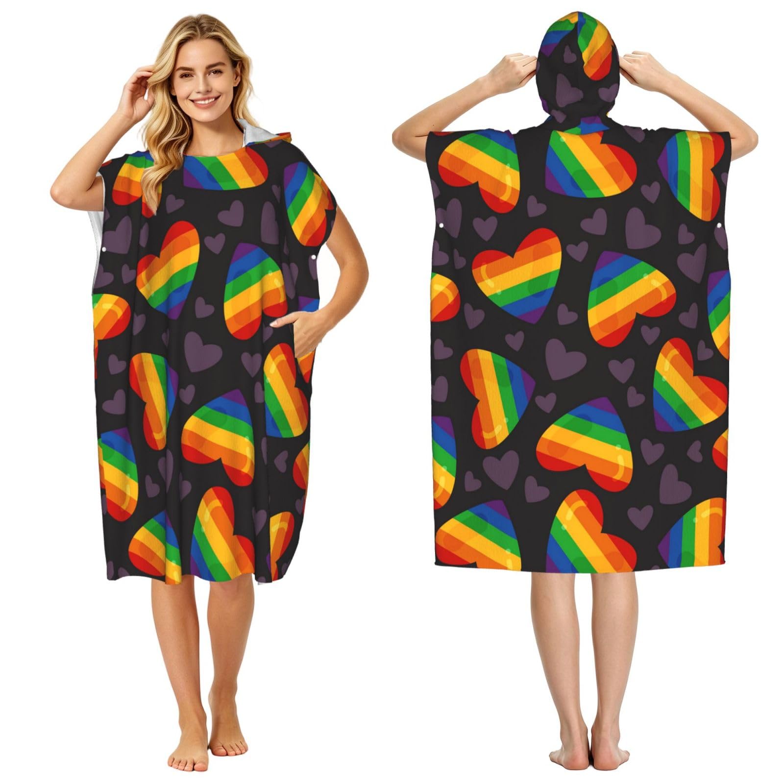Poadnly Lgbt Pride Gay Rainbow Heart, Adult Hooded Beach Towel 90 x 110 cm,Changing Bath Robe, Surf Poncho Towel For Women Men