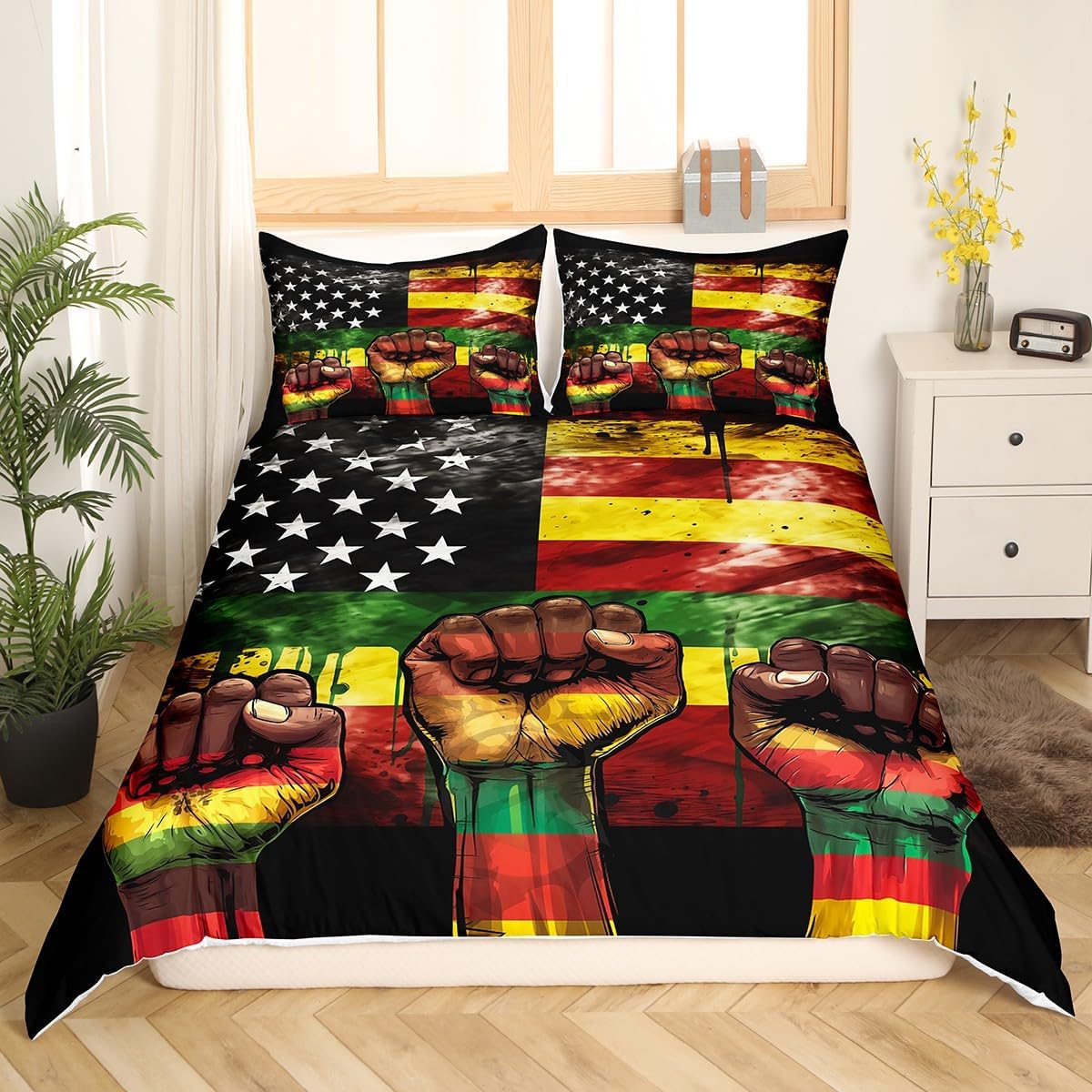 Manfei Juneteenth Theme Bedding Set Twin Size 2 Pcs,Vintage American Flag Stars Stripes Graffiti Duvet Cover for Kids Girls Women,Retro African Black Skin Festival Bedding Quilt Cover(No Filler) Set image 2