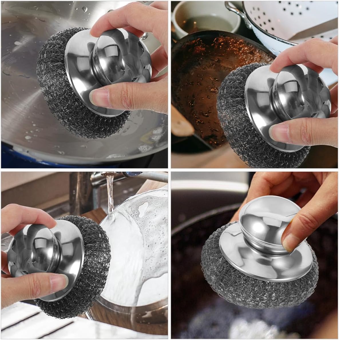 2pcs Stainless Steel Pot Scrubber with Handle, Kitchen Dish Washing Brush for Heavy-Duty Pan and Pot Cleaning, Sturdy 304 Stainless Wire Scrubbers for Household Kitchen Use