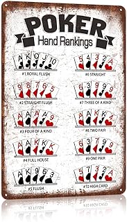 Vintage Poker Hands Rankings Metal Tin Sign Wall Decor Texas Poker Room Signs Accessories for Game Room Man Cave 12 x 8 Inches