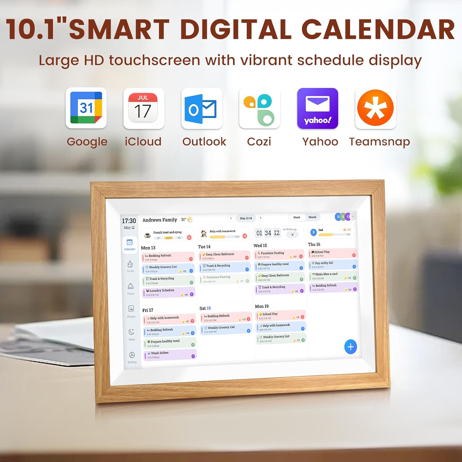 Digital Calendar,10.1 Inch Smart Wifi Electronic Calendar with Wooden Frame, Full HD Touchscreen Display Picture Frame Calendar for Family Schedules Planner Organizing-Wall & Desk Mountable
