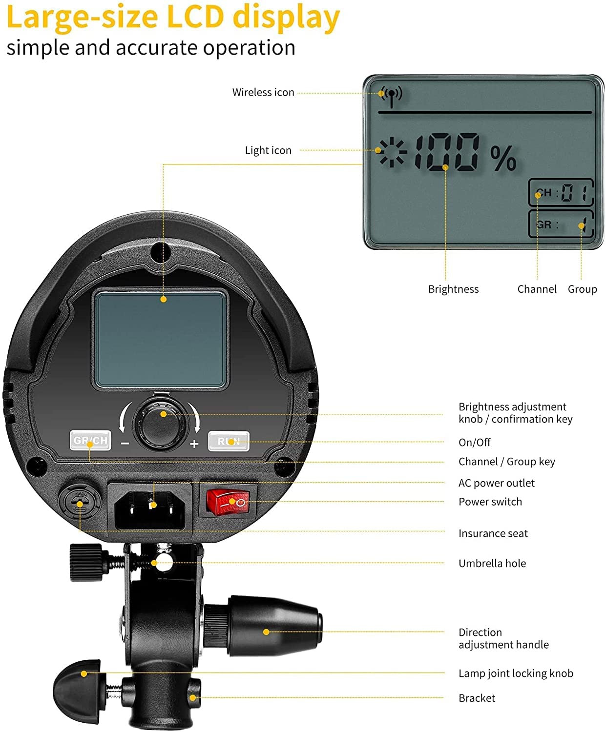 K&F CONCEPT Flash Studio LED SL-60W CRI 95+ Projecteur LED avec Déclencheur,Réflecteur,Monture Bowens, Eclairage pour Vidéo Photo Studio et Photo Extérieure