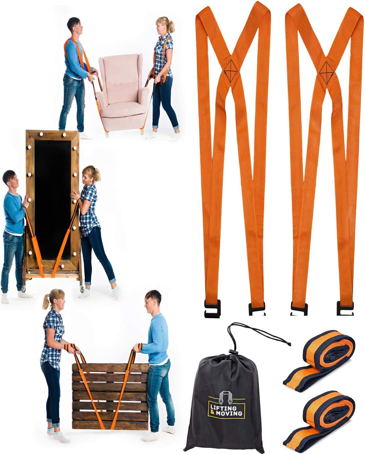 Moving and Lifting Straps with Handy Storage Bag - 2-Person Movers Heavy-Duty System Shoulder for Furniture, Appliances Carrying - 800 lbs Capacity