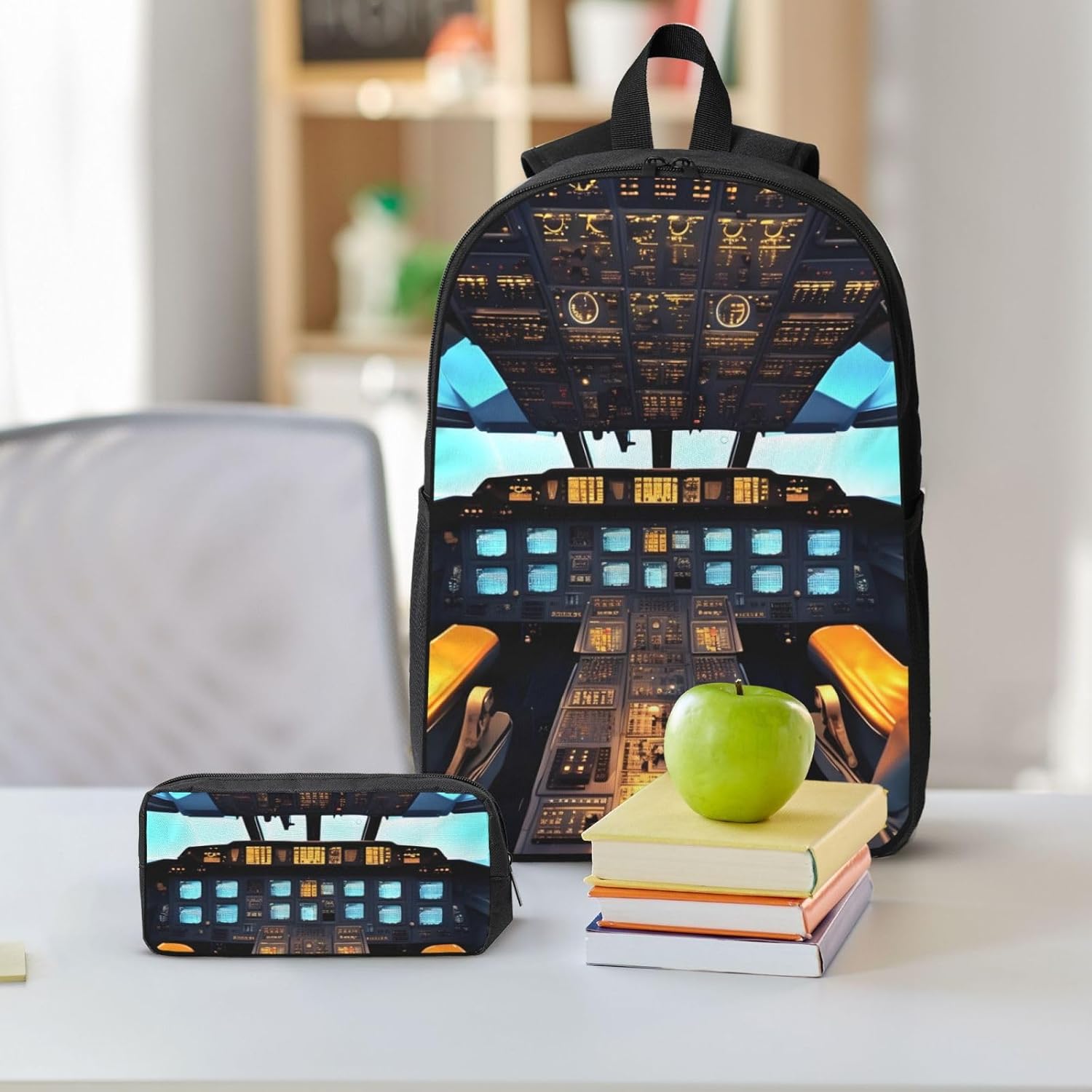 Airplane Cockpit print 3 Piece Backpack Bags with Lunch Box Pencil Case Set for Travel Work Camping Unisex