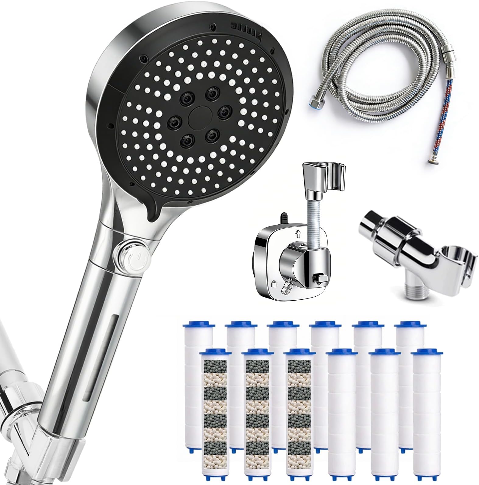 Filtered Shower Head with Handheld, High Pressure 6-Mode Water Softener for Hard Water, 12 Replacement Filters, 75" Anti-Burst Extra Long Hose & Adjustable Bracket for Healthier Skin and Hair