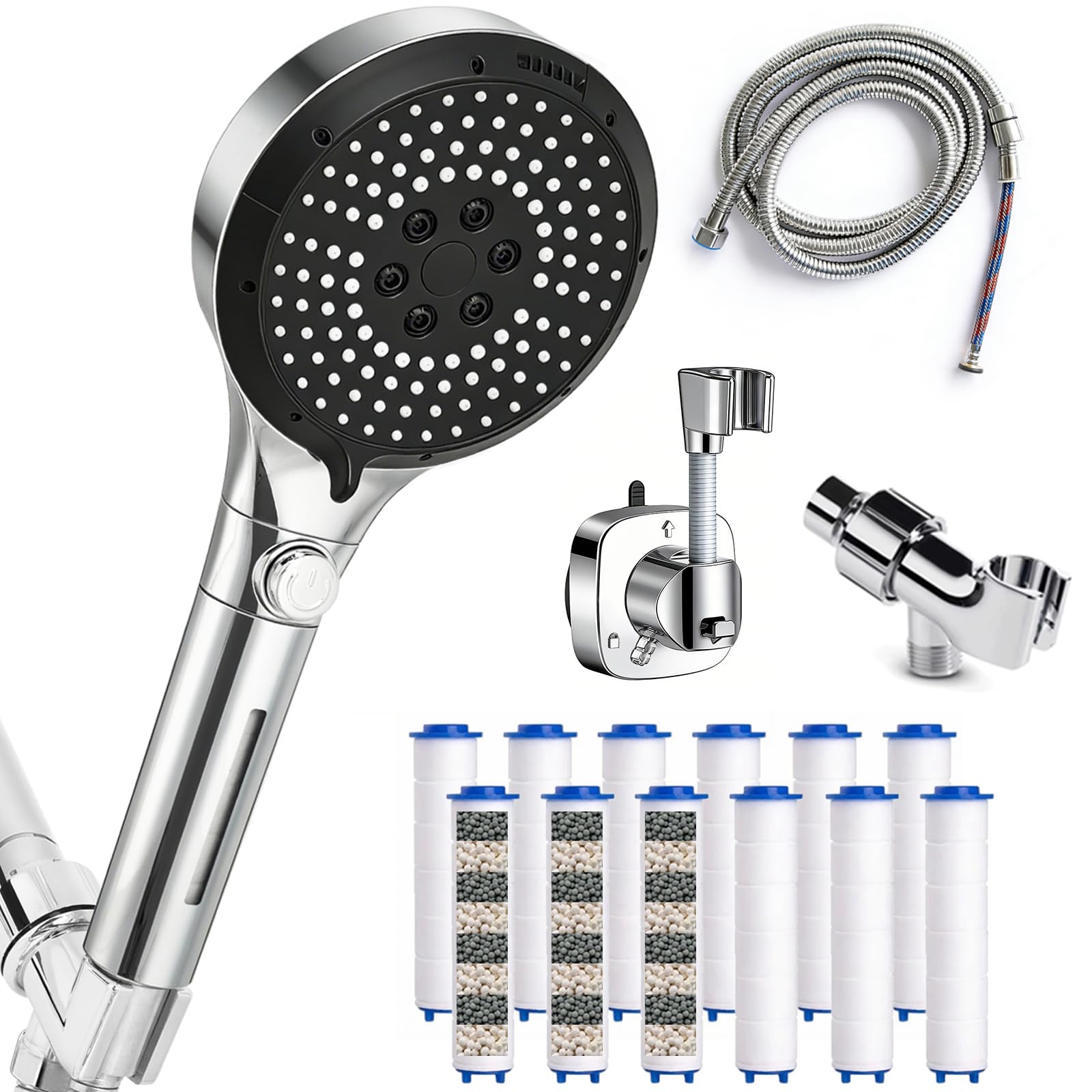 Filtered Shower Head with Handheld - High Pressure 6 Spray Modes Showerhead with Filters, Shower Head With Movable Bracket & 75" Anti-Burst Hose | 12 Replaceable Water Softener Filters for Hard Water - 1