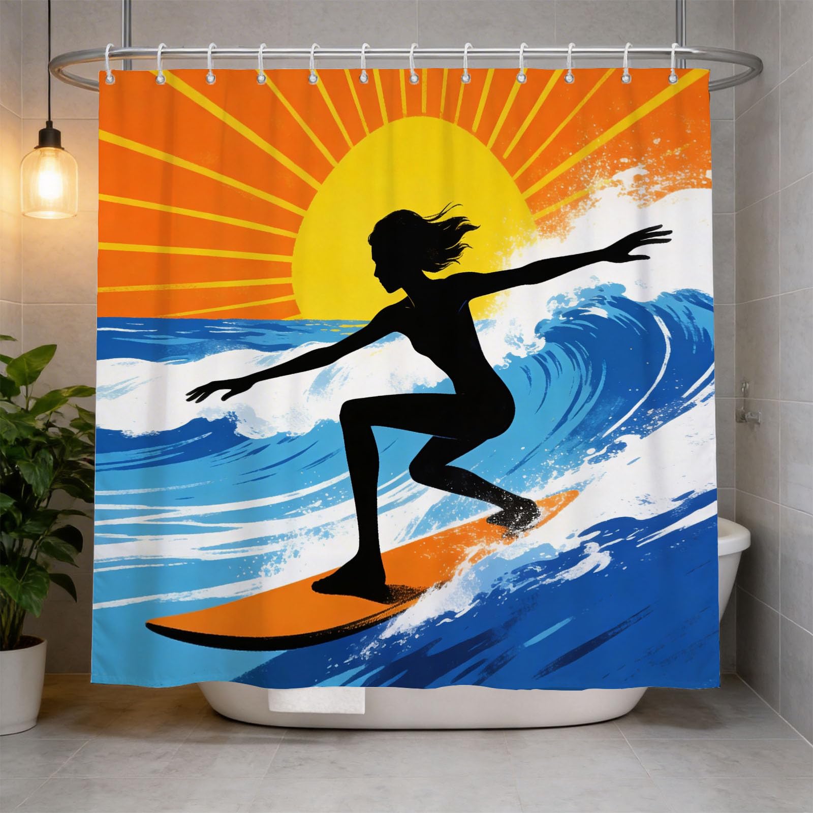 Hongduo 3D Cartoon Surfing Shower Curtain for Stalls Bathtubs Sunny Beach Bathroom Decor Shower Curtain Set Polyester Fabric Waterproof 180x180cm/71X71 Inch with Hooks