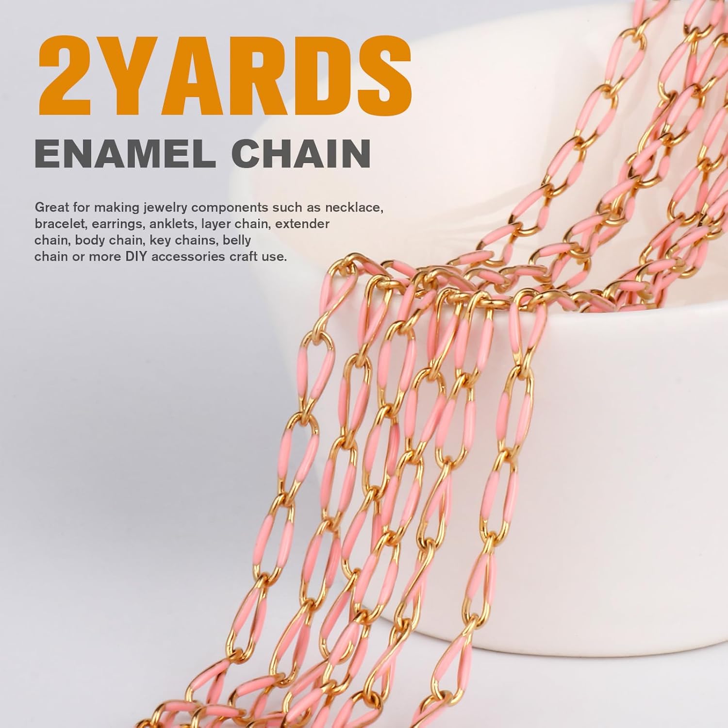 2 Yard Pink Chains for Jewelry Making, 18K Gold Plated Stainless Steel Enamel Curb Chain Roll Bulk for DIY Jewelry Making - Image 2