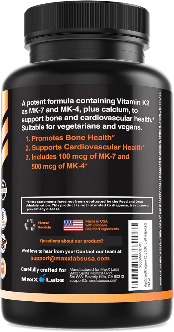 Vitamin K2 Supplement 600 mcg with K2-MK7, MK4 & Vitamin D, 90 Servings | Full Spectrum Vitamin-D3 + Vitamin-K 600mcg - Bone Health & Overall Wellness by MaxX Labs