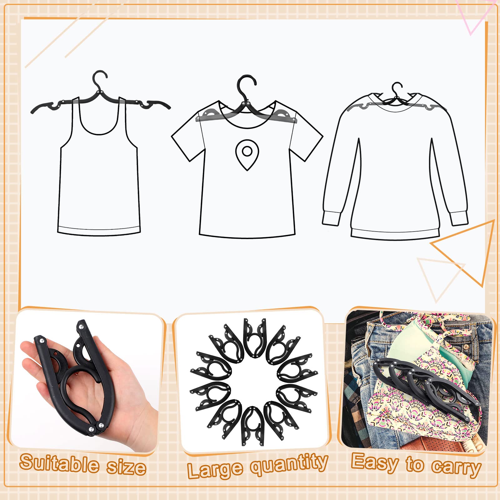 40 Stück faltbare Reise-Kleiderbügel, Kunststoff, faltbar, bunt, tragbare Kleiderbügel für Reisezubehör, Schlafsaal, Schule, Hotel, Frauen, Wäschemantel, Tasche zum Trocknen (schwarz)