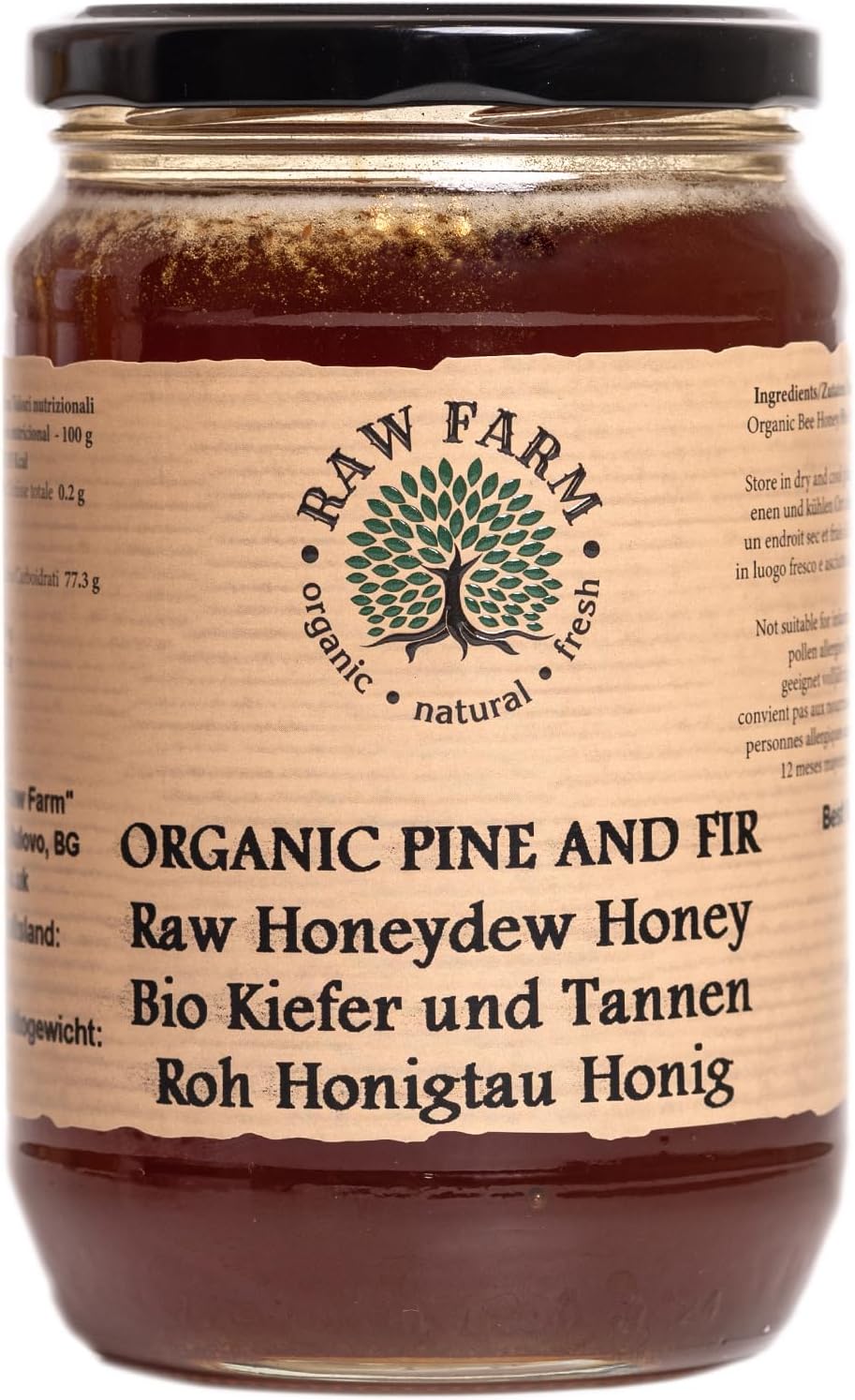 Raw Farm - Organic Raw Pine Honey 900 g - Pure, Unfiltered and Unprocessed – Single Origin, Additive Free, Natural, Mountain Coniferous Forest