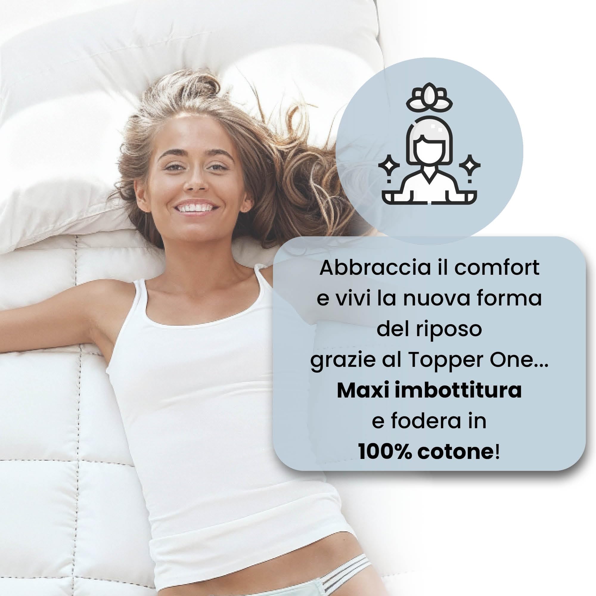 Topper Matrimoniale One in Cotone con Imbottitura di 1100gr/mq e soffietto 8cm - NON SCIVOLA con Cinghie Angolari - Facile da Lavare, Trapuntato (160x195cm)