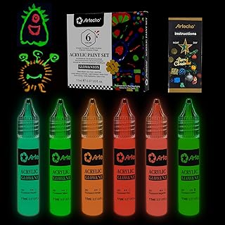 Artecho Glow in the Dark Paint 6 Colors, 11 ml / 0.37 oz Acrylic Paint for Decoration, Supplies for Canvas, Rock, Wood
