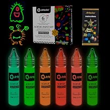 Artecho Glow in the Dark Acrylic Paint Set 6 Colors x 11ml 0.37oz, Non-Toxic Waterproof Art Supplies for Canvas Rock Wood Fabric Rich Pigment Craft Paint for Adults & Hobbyists