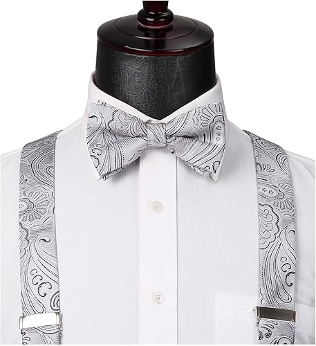 Miniatura 2 de HISDERN Tirantes para hombre Paisley Floral Pajarita Tirantes Bolsillo Cuadrado Conjuntos Ajustable Forma Y 6 Clips Tirantes de Boda