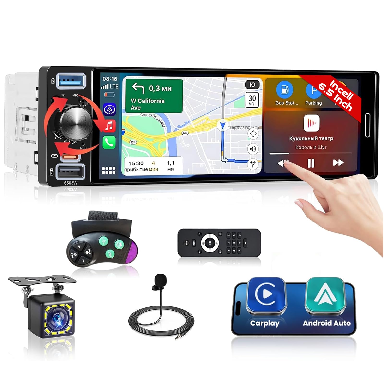 Hikity Android Autoradio 1 DIN Stereo Bluetooth Compatible avec Wireless CarPlay Android Auto, 6,5 Incell Pouces Écran Tactile Lecteur Radio RDS FM AM Recharge Rapide Microphone Caméra pour Voiture