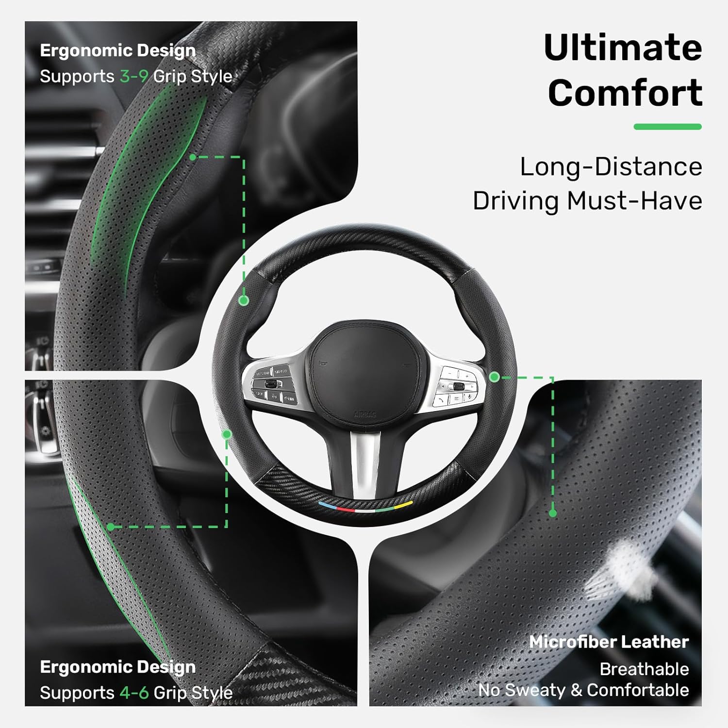 Zanch Car Steering Wheel Cover, Premium Microfiber Leather, Non-Slip, Breathable, Durable, All-Season Comfort, Compatible with Nissan 14.5-15 Inch Steering Wheels