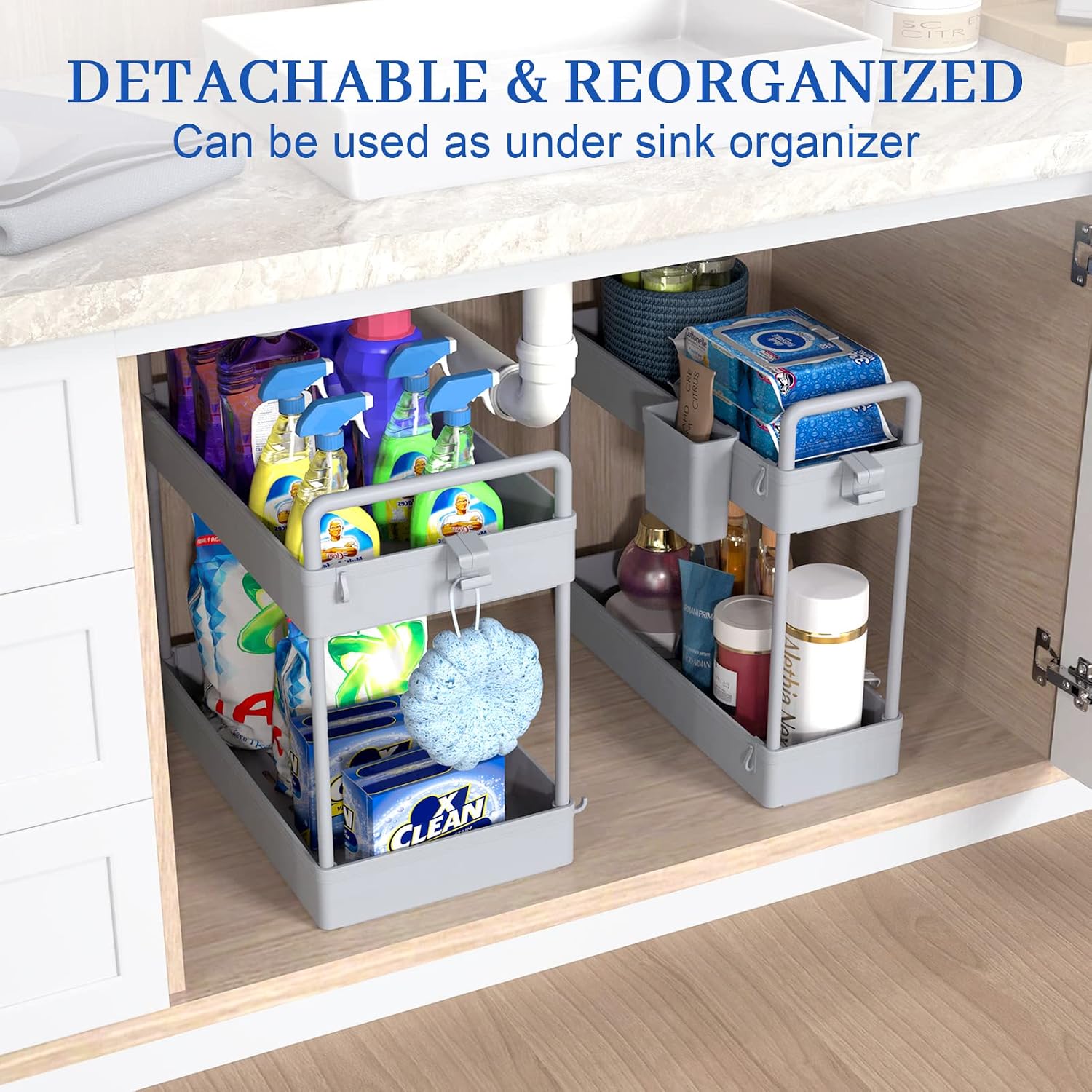 SOLEJAZZ Rolling Storage Cart, 4 Tier Laundry Room Organizer Bathroom Storage Carts, Mobile Storage Shelves with Brake Wheels, Utility Cart for Apartment Bedroom Office Garage, Kitchen, Grey, 2 Pack