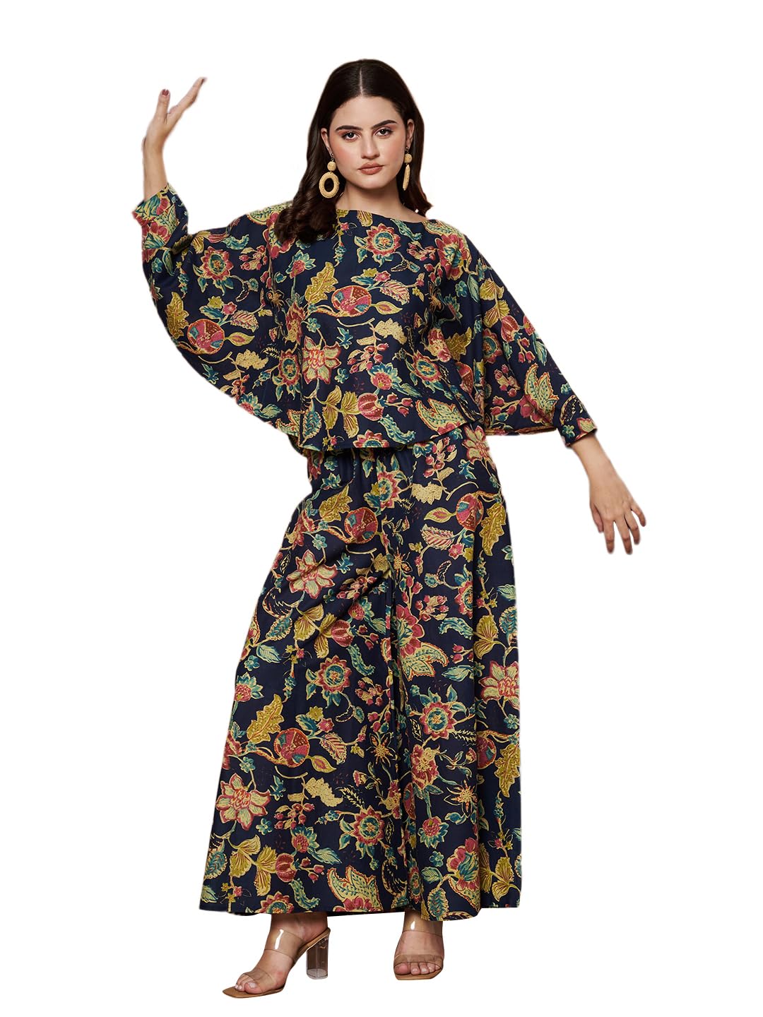 kza Women Blue Cotton Printed Crop Top and Palazzo Set, Boat Neck, 3/4th Sleeve, Ankle Length, Elastic Waistband, Co ord Set for Women-picture-33
