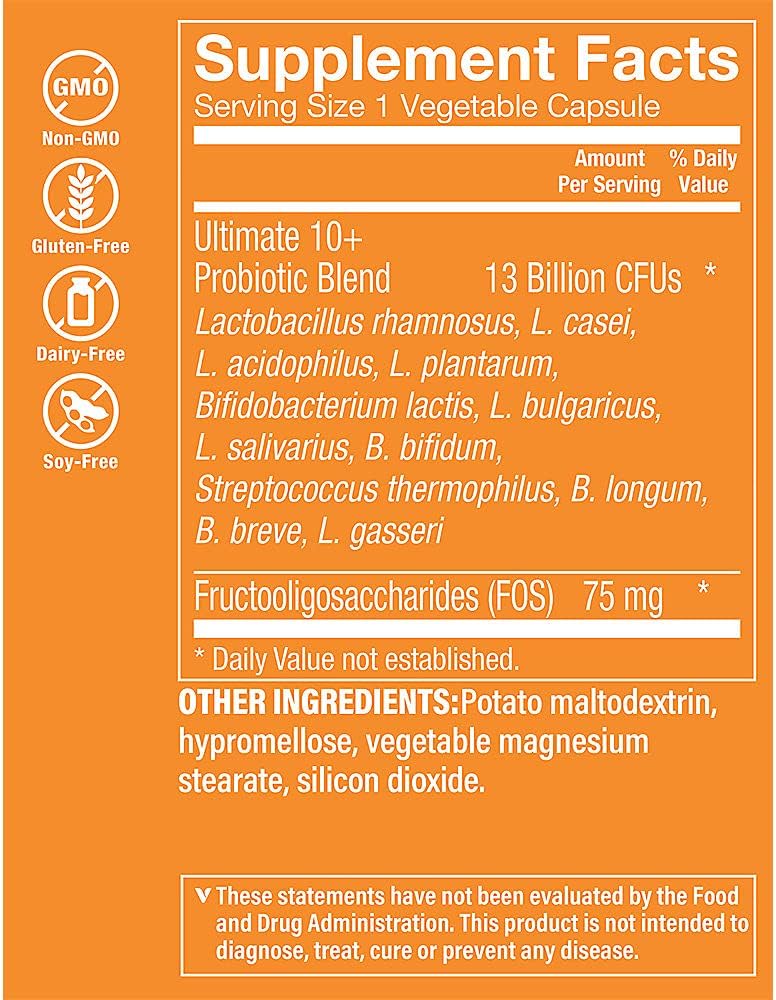 The Vitamin Shoppe Ultimate 10+ Probiotics 13 Billion CFUs, Digestive & Immune Support, Multi-Strain Probiotic Supplement for Men & Women, Gluten Free, Non GMO, Vegetarian, 100 Capsules