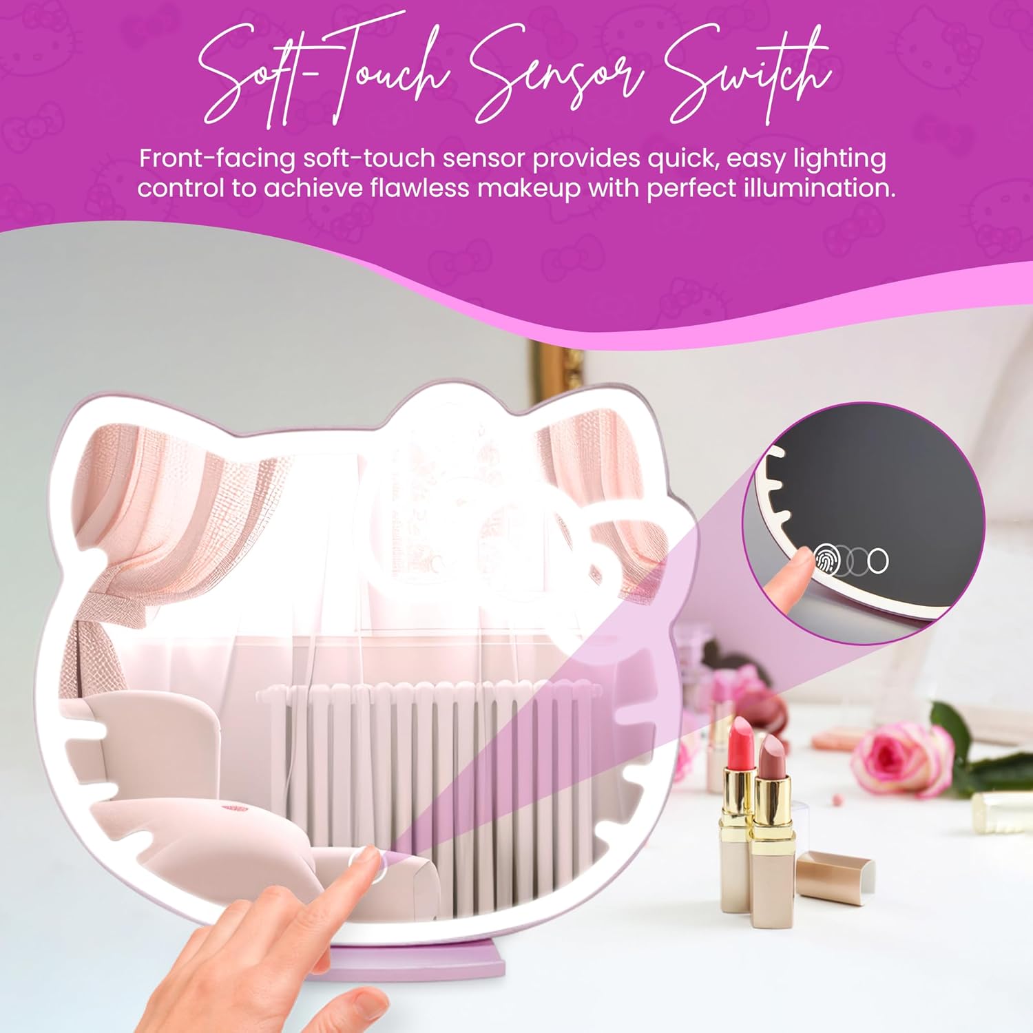 Impressions Vanity Supercute Hello Kitty Tabletop Desk Mirror with Lights and Touch Sensor Switch, Adjustable Tri Tone LED Lighted Makeup Mirror with Hidden Extendable Tray and Phone Holder - Image 4
