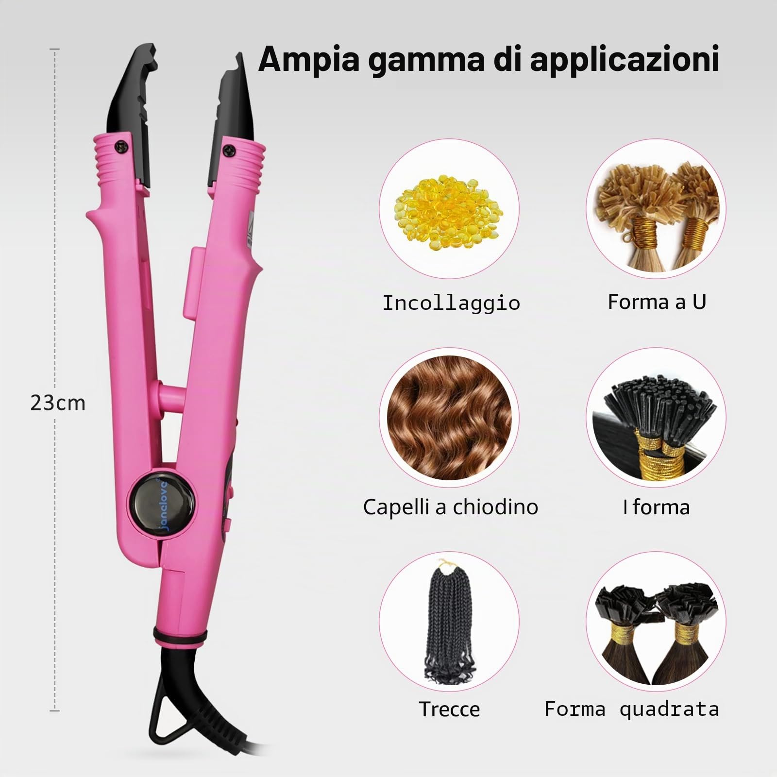 janelove Pinza termica per extension per capelli, 100 – 200 °C, pinza termica per bondings – rosa