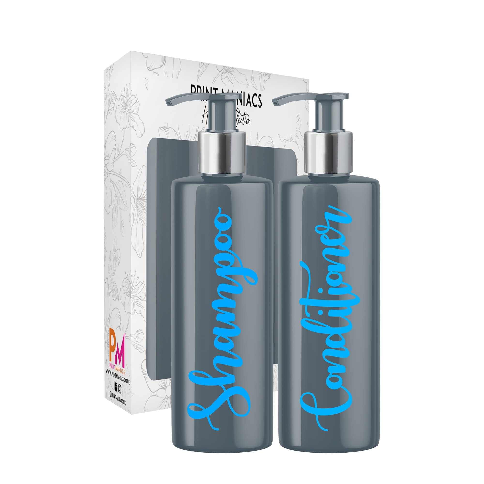 Print Maniacs 2 Set Mrs Hinch Inspired Grey Personalised 500ml Dispenser Pump Bottles Shampoo Conditioner (Baby Blue)